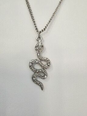 Silver Rhinestone Coiled Snake Pendant Necklace - Textured Serpent Charm Sz 18"